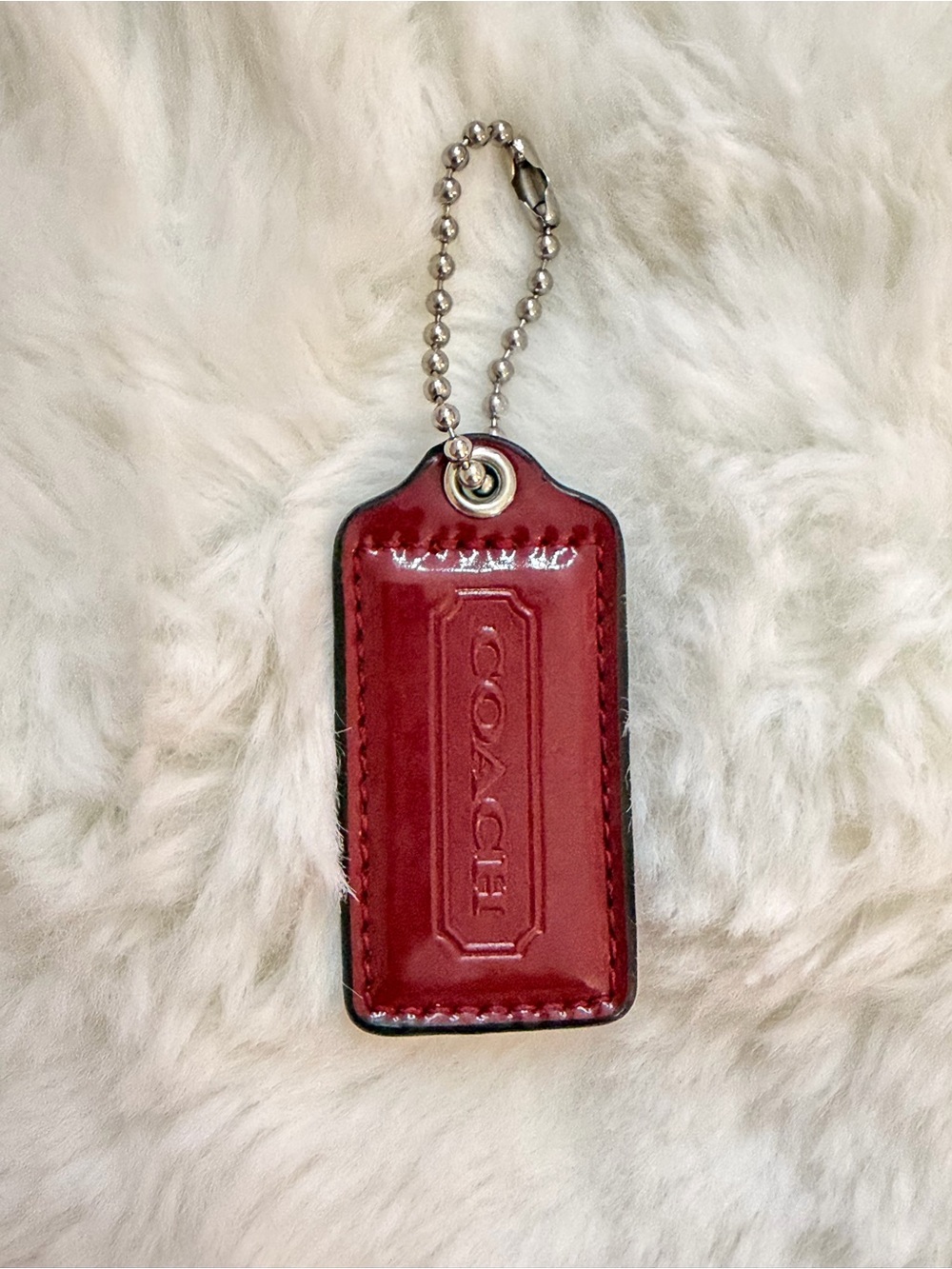 COACH Red Leather Embossed Key Tag with Silver Ball Chain
